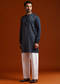 Blue Linen Kurta Set For Men With Thread Work