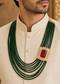 Emerald Green Beaded Kundan Mala With Ruby Stone Centre