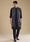 Navy Blue Jacquard Silk Jacket Kurta Set with Resham
