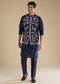 Navy Blue Silk Mirror Embroidered Mens Jacket Kurta and Pant Set