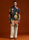 Navy Blue Velvet Kurta Set For Men With Print