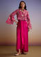 Pink Silk Crop Top And Drape Skirt With Resham Work
