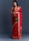 Red Satin Woven Saree With Floral Motif Work