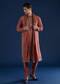Rust Art Silk Embroidered Mens Kurta Set with Dupatta