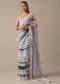 Blue Organza Striped Saree With Mirror Work And Unstitched Blouse Piece