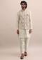 Beige Thread Embroidered Silk Kurta Jacket Set For Men