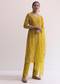 Yellow Printed Kurti Pant Set With Zari Embroidery