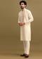 Off White Silk Kurta Set With Zari Work For Men