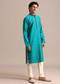 Turquoise Silk Printed Kurta Set For Men