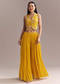 Yellow Georgette Embellished Crop Top And Palazzo Set With Cutdana Work