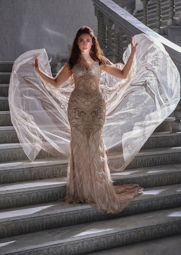 Beige Lycra Bridal Gown With Embroidery And Feather Details