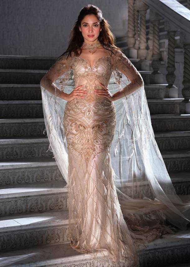 Beige Lycra Bridal Gown With Embroidery And Feather Details