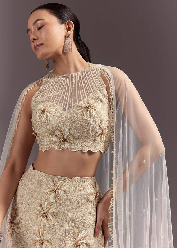 Off White Embroidered Blouse With Fish Cut Skirt And Dupatta