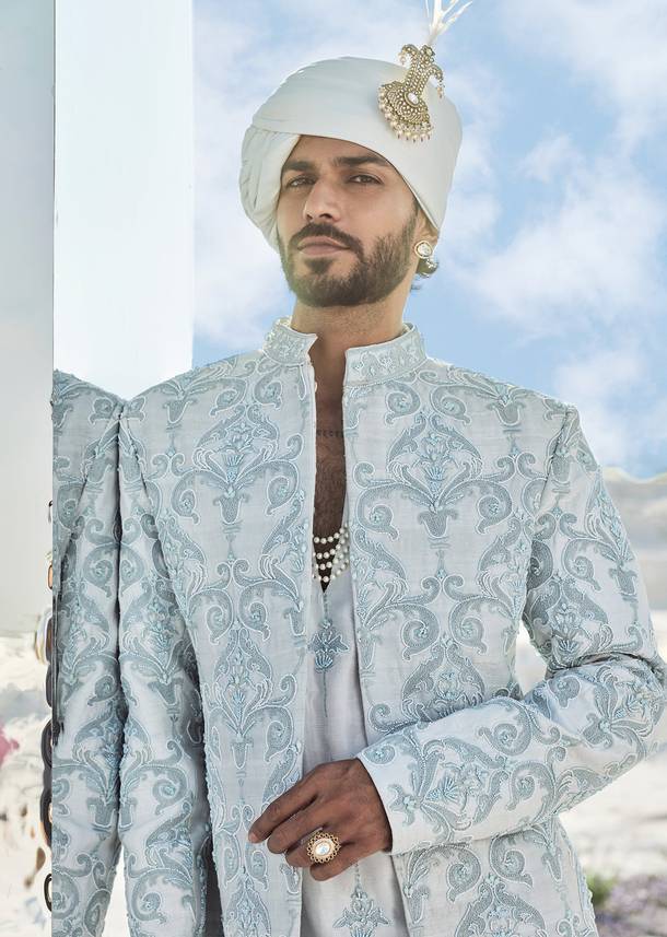 Powder Blue Self Embroidered Groom Sherwani