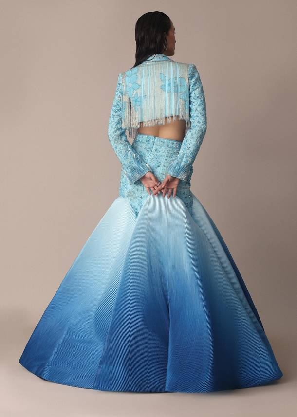 Blue Ombre Organza Fishcut Skirt With Tassel Short Jacket