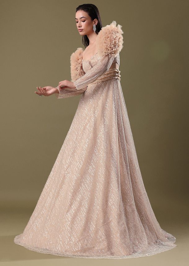 Dusty Peach Embroidered Ruffle Sleeve Gown Kalki