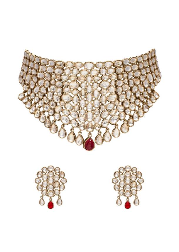 Gold Finish Kundan Bridal Choker Set With Ruby Drop