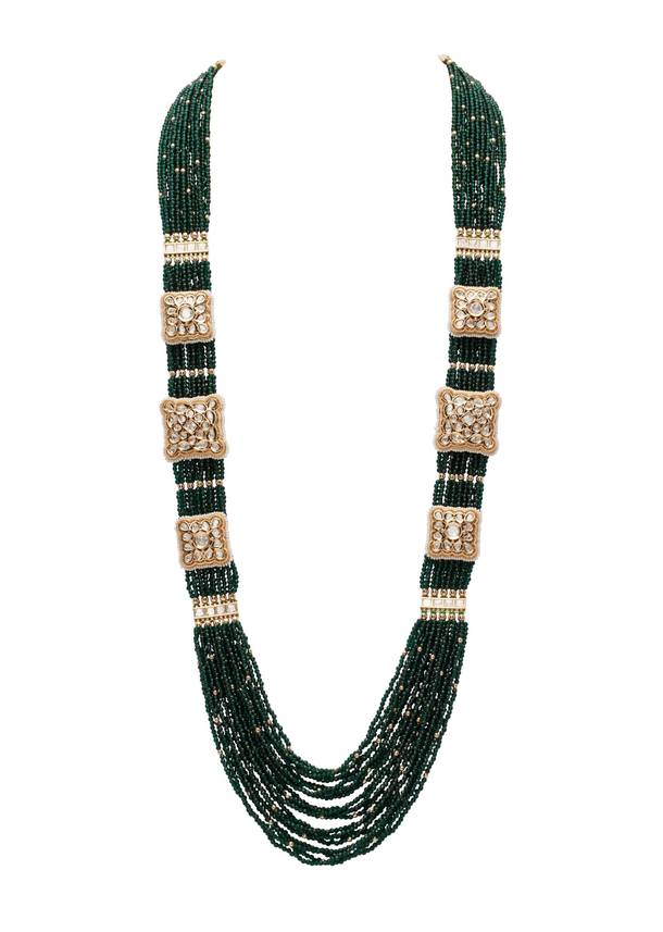 Green Beaded Rectangular Kundan Layered Mala