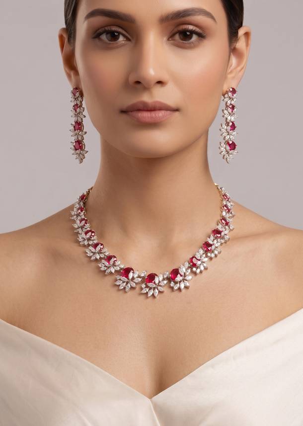 Ruby Red Stone Silver Cluster Necklace Set