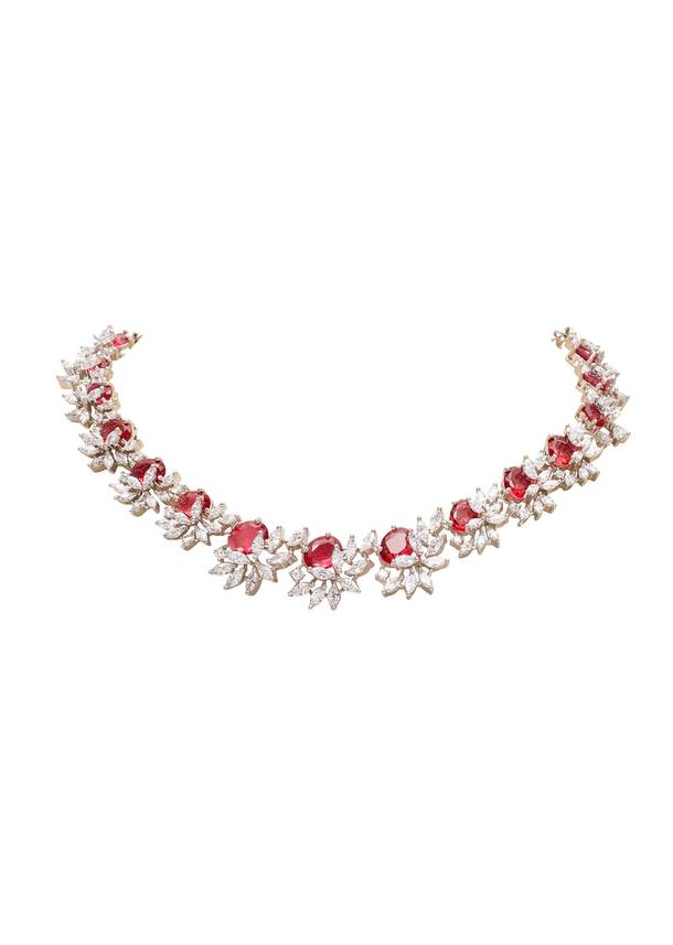 Ruby Red Stone Silver Cluster Necklace Set