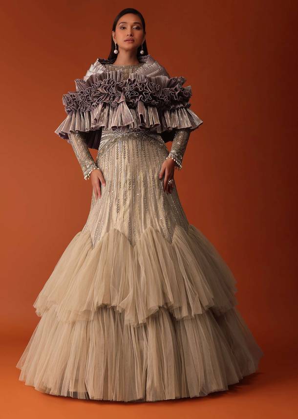 gold hand embroidered bridal gown with attached cape-sg165367-1