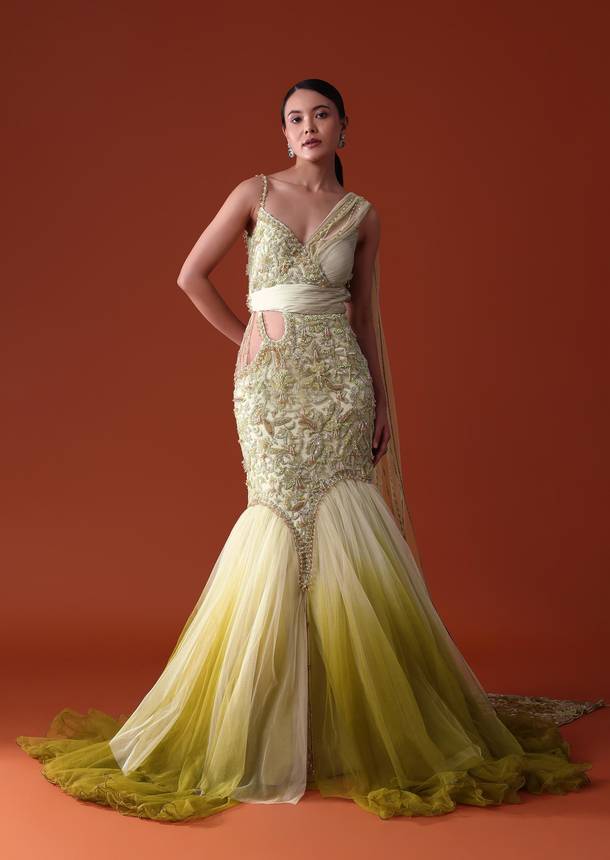 Citrus Green Ombre Fishcut Zardozi Gown Saree