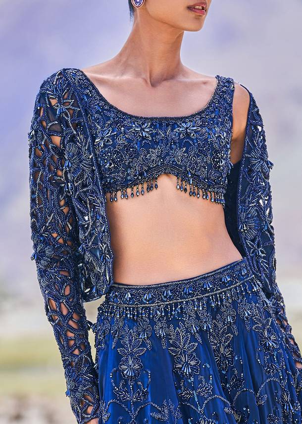 Blue Embroidered 10 Kali Lehenga With Blouse And Jacket