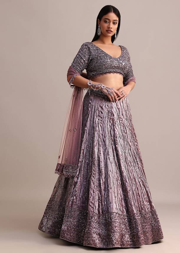 Purple Organza Bridal Lehenga With Embroidered Blouse And Net Dupatta