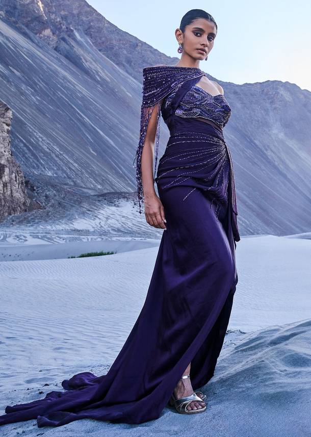 Violet Satin Embroidered Gown With One Shoulder Sash
