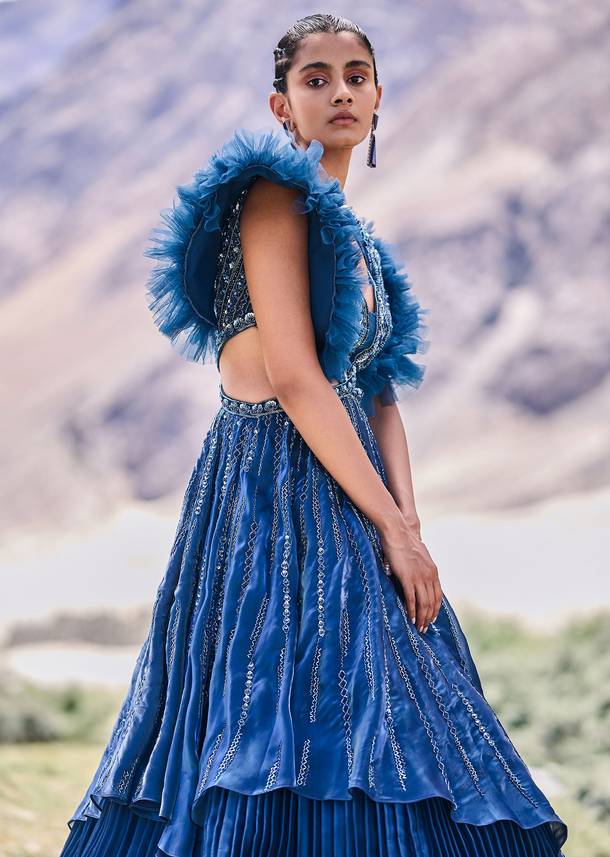 Deep Teal Blue Embroidered Layered Flared Gown With Fancy Sleeves