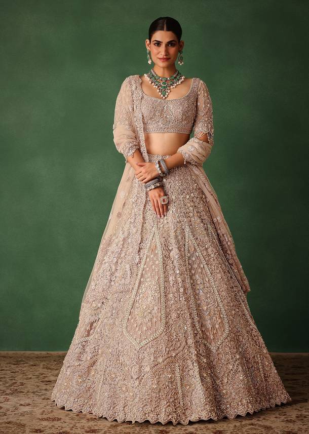 Rose Gold Hand Embroidered Lehenga Set With Dupatta