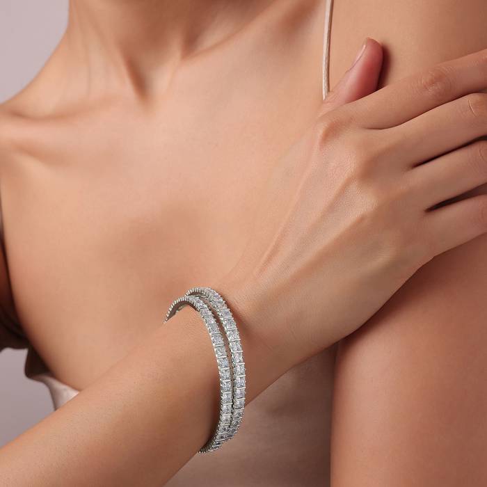 92.5 Sterling Silver Finish Zirconia Bangles Set of 2