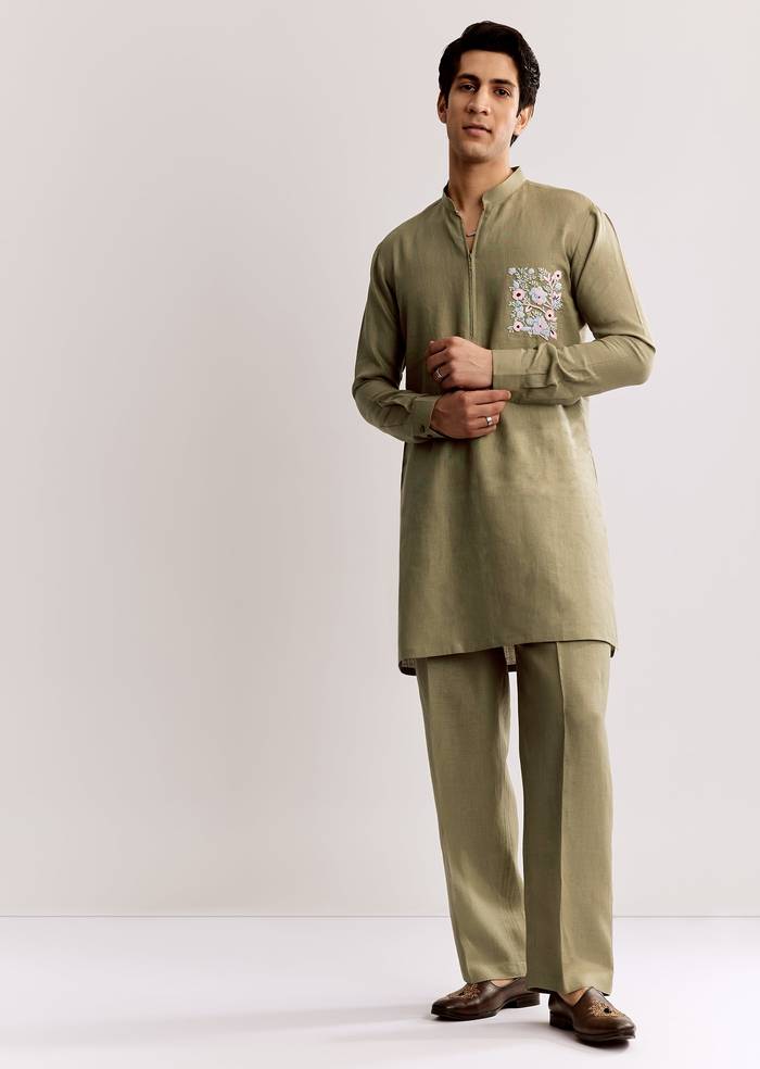 Beige Linen Kurta Set With Embroidery