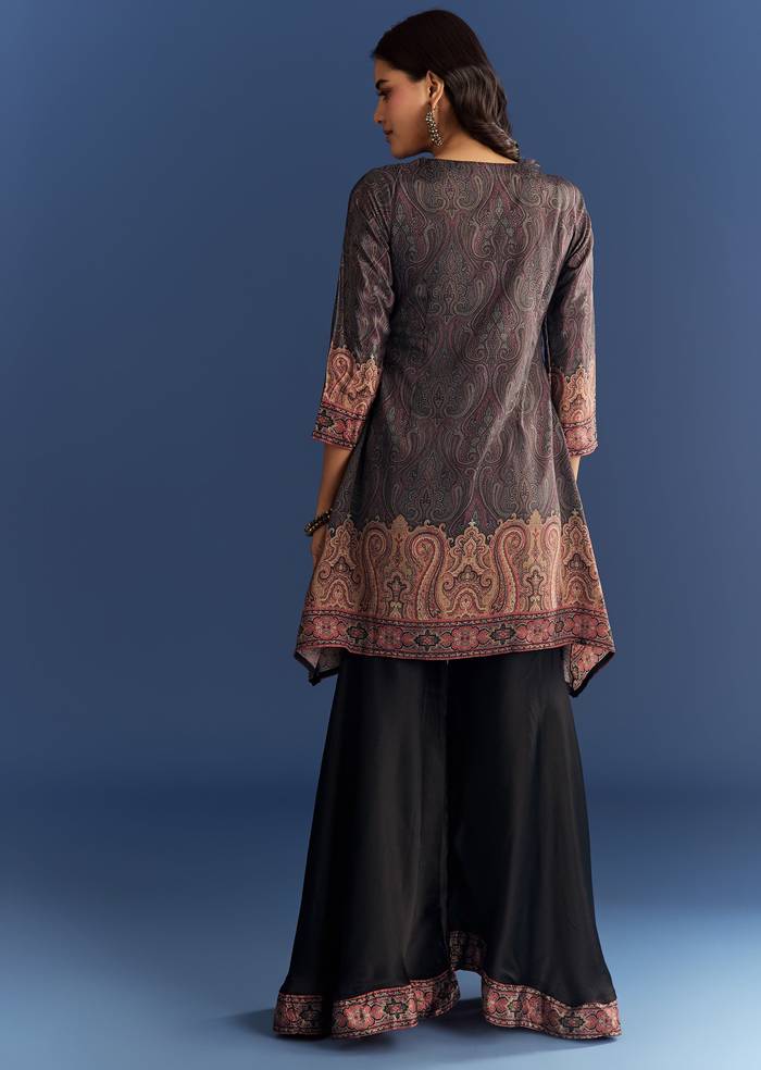 Black Satin Paisley Print Kurta Sharara With Cut Dana Embroidery