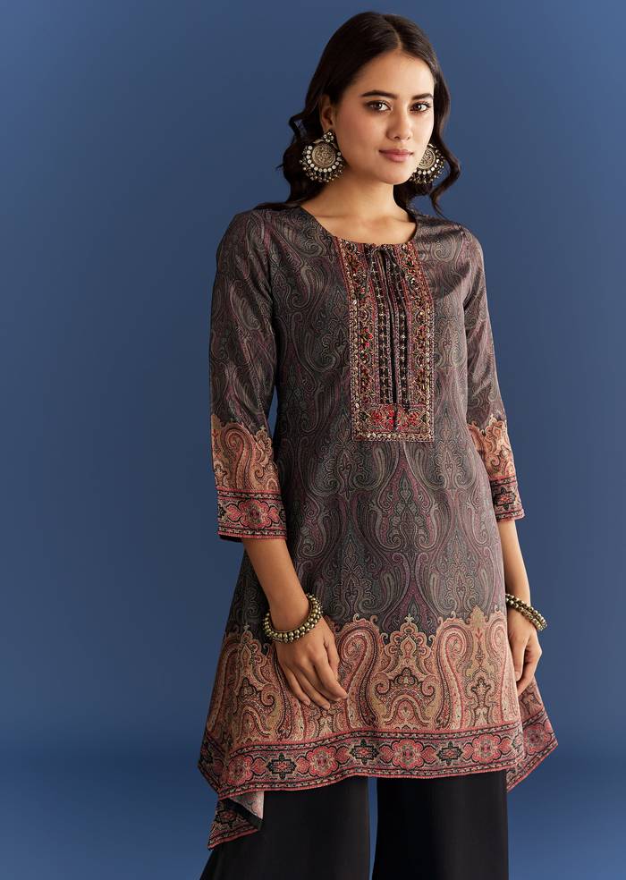 Black Satin Paisley Print Kurta Sharara With Cut Dana Embroidery