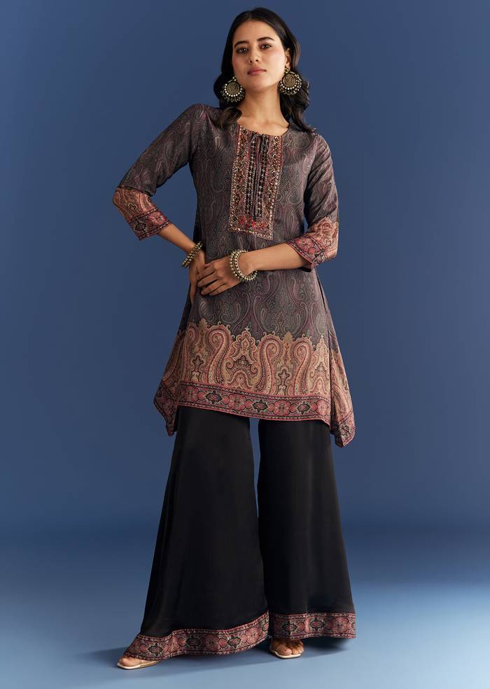 Black Satin Paisley Print Kurta Sharara With Cut Dana Embroidery