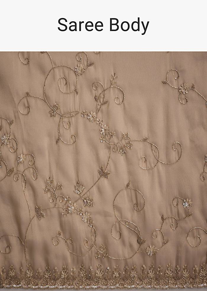 Copper Tissue Saree With Heavy Floral Hand Embroidery