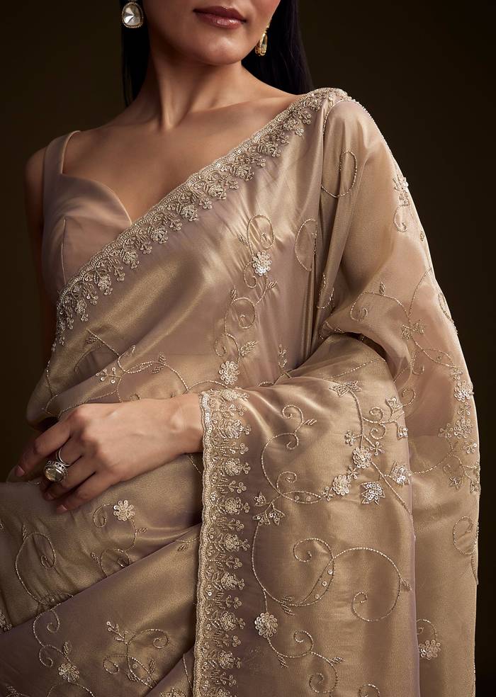 Copper Tissue Saree With Heavy Floral Hand Embroidery