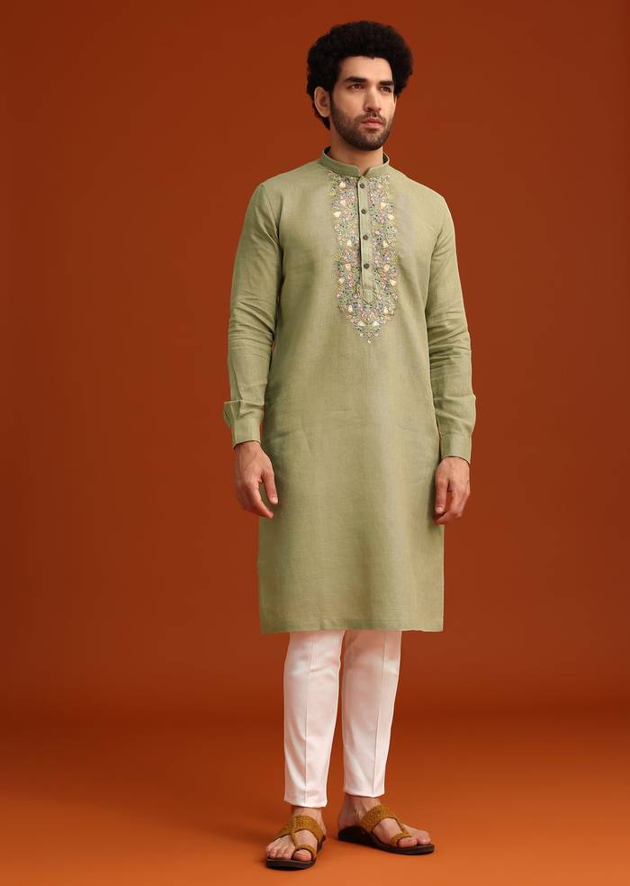 Green Floral Handwork Kurta Set In Linen