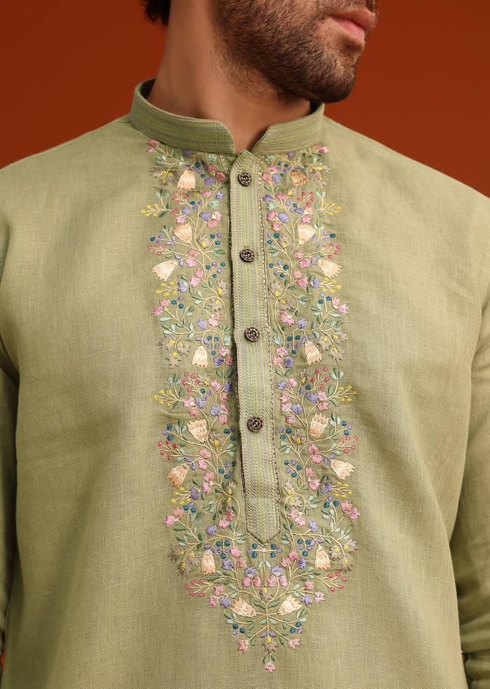 Green Floral Handwork Kurta Set In Linen
