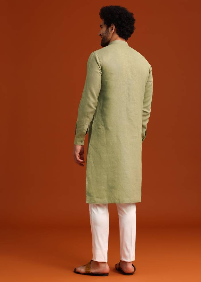 Green Floral Handwork Kurta Set In Linen