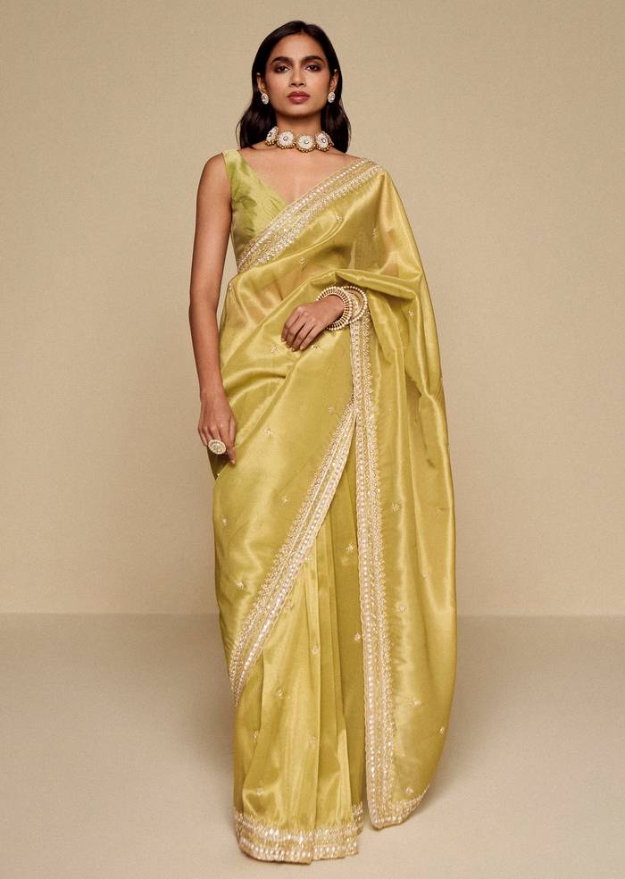 Lemon Yellow Tissue Saree With Heavy Embroidery