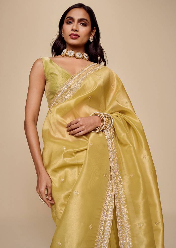 Lemon Yellow Tissue Saree With Heavy Embroidery