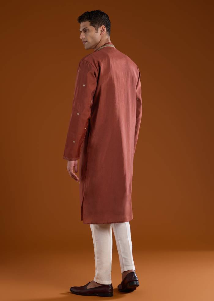 Maroon Red Silk Kurta Set With Thread Detail