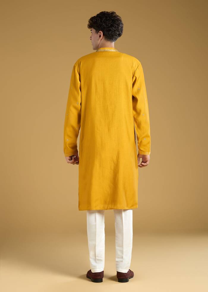 Mustard Yellow Silk Kurta Set With Thread Detail Work