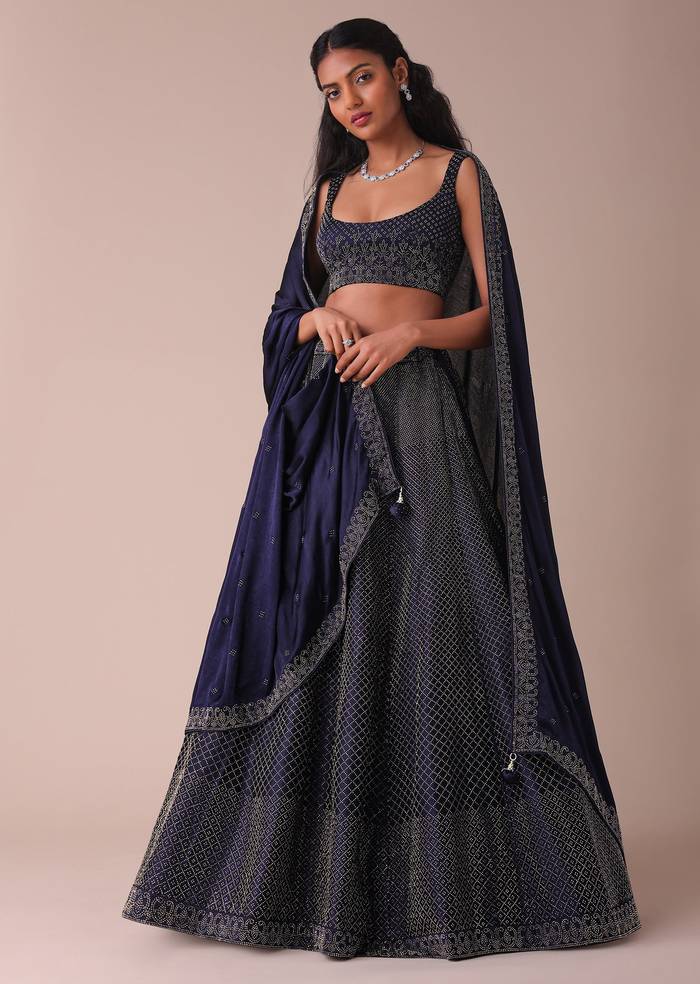 Navy Blue Wrinkle Satin Lehenga With Swarovski Crystals