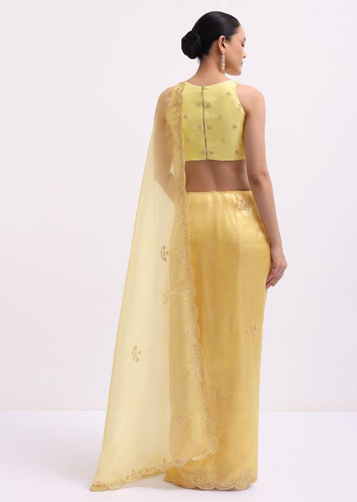 Yellow Embroidered Tissue Saree With Unstitched Blouse