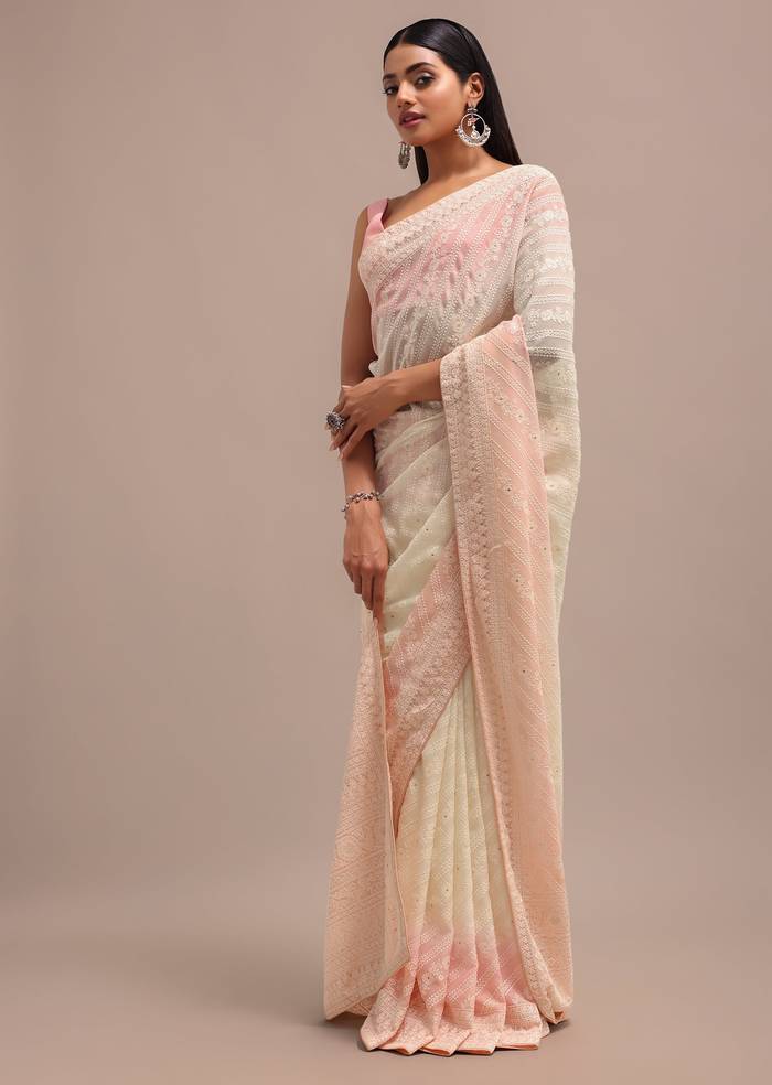 Peach Ombre Chikankari Saree With Unstitched Blouse