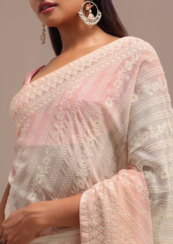 Peach Ombre Chikankari Saree With Unstitched Blouse