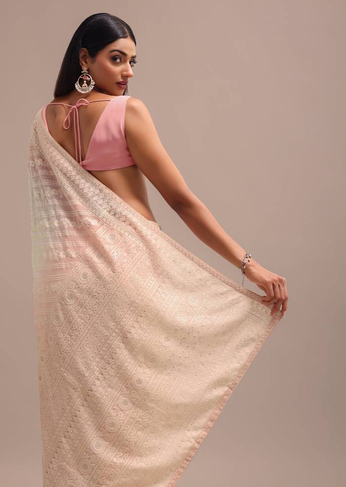 Peach Ombre Chikankari Saree With Unstitched Blouse